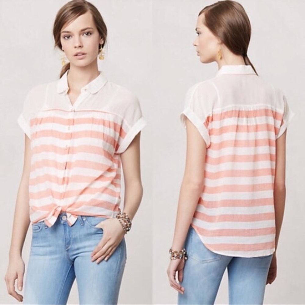 Anthropologie Hei Hei Striped Collar Button Down Sheer Cream Peach Blouse